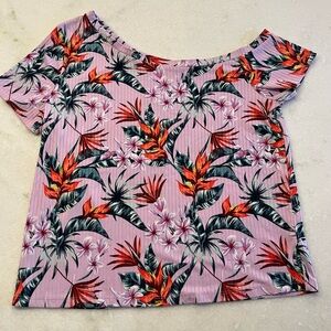 Tropical Floral Lounge Set Pink Ribbed Top & Wide Leg Pants Size L